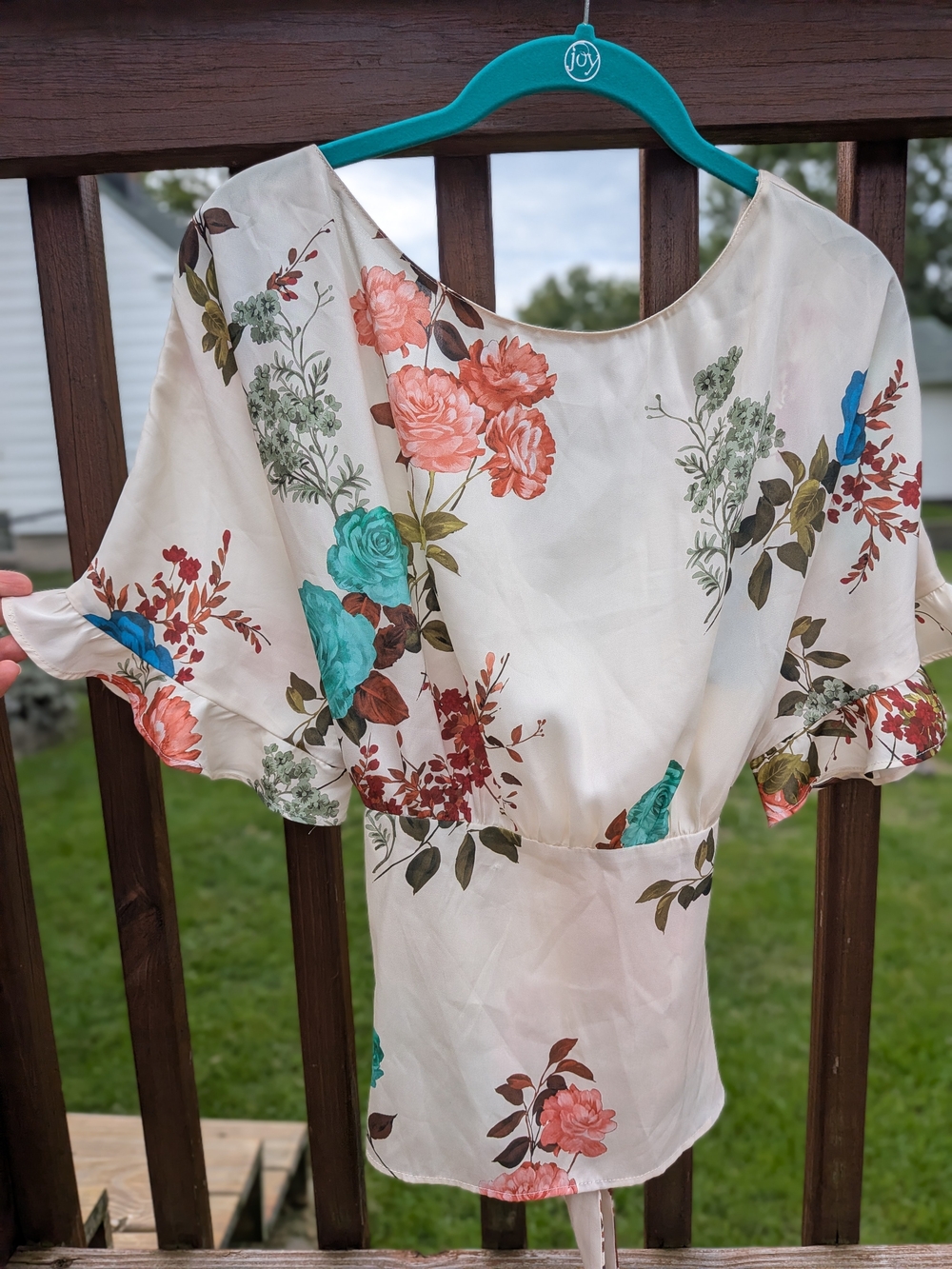 Zara Cream Floral Blouse with Teal & Coral Roses